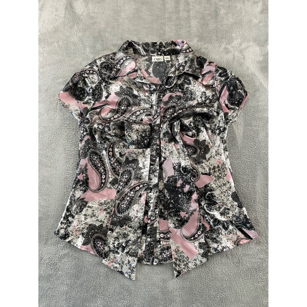 Cato Womens Pink Grey Paisley Button Front Tie Waist Blouse Top Size M